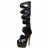 Oasap Women Sexy Black Strappy Zippered Platform High Heel PU Stiletto Sandals - 1